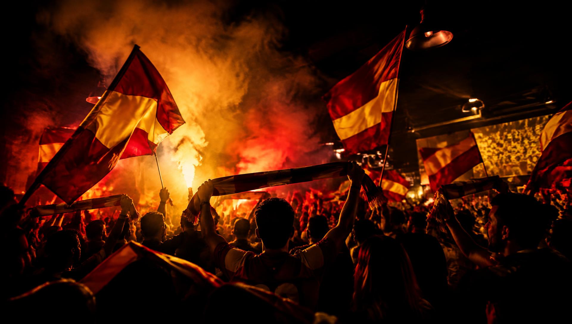 Fans mit rot-gelben Fahnen im Vereinshaus